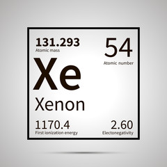 Xenon chemical element with first ionization energy, atomic mass and electronegativity values ,simple black icon with shadow