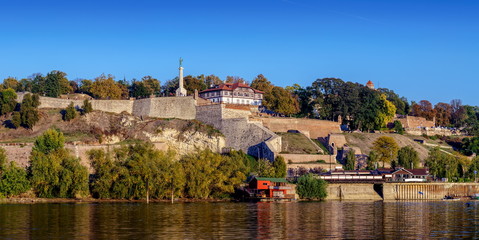 Kalemegdan fortress and Victor monument by day, Usce, Sava and Danube Rivers, Belgrade port, Serbia  - obrazy, fototapety, plakaty