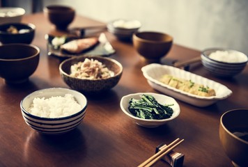 Traditional Japanese food on wooden table