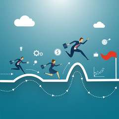 Fototapeta na wymiar Business people running towards their goal, overcome or compete with obstacles on shiny blue background with infographic elements.