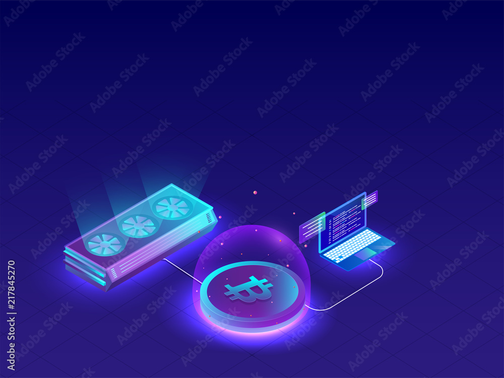 Poster glowing mining or bitcoin servers connected with laptop on blue background for crypto mining concept