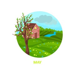 Rainy May day with little house, meadow, river and blooming tree. Spring season. Nature landscape. Flat vector icon in circle shape