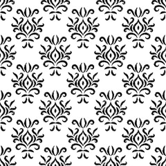 Black and white damask ikat ornament geometric floral seamless pattern, vector