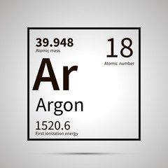 Argon chemical element with first ionization energy and atomic mass values ,simple black icon with shadow