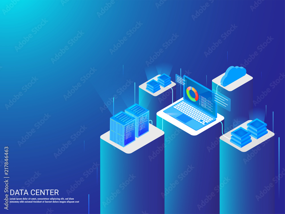 Aufkleber isometric illustration of laptop connected with four different servers and analysis the data for dat