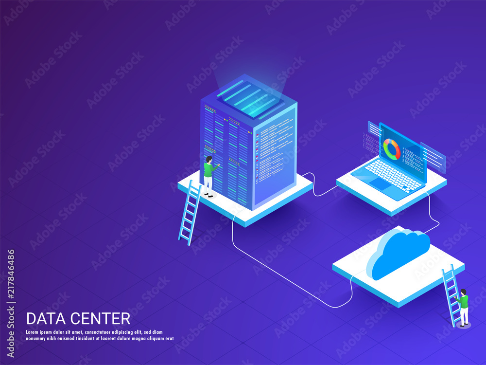 Poster server connected to laptop, tiny people maintain the server isometric design for data center web tem