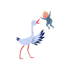 White stork throws baby boy in the air. Joyful bird and child. Flat vector element for postcard, poster or children book