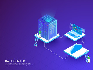 Server connected to laptop, tiny people maintain the server isometric design for data center web template.