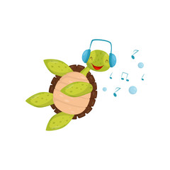 Joyful turtle swimming and listening music. Funny tortoise in blue headphones. Marine reptile with brown shell. Flat vector design