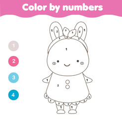 Coloring page with cute bunny character. Color by numbers printable activity