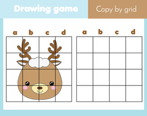 Copy picture by grid. Educational game for children and kids. Animals theme, cute deer face