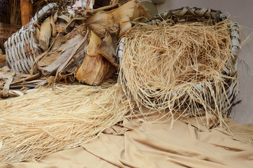 Dry yellow hay stack background with copyspace. Haystack grass in countryside. Autumn concept