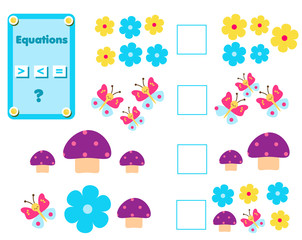 Math educational game for children. Complete the mathematical equation task, choose more, less or equal