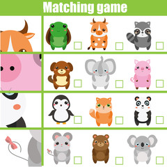 Matching game. Educational children activity with cute animals. Learning whole and parts