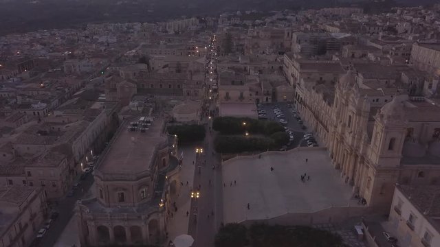 Shot around Cathedral or Church in Italian Town Noto in Sicily at Dusk (4K Droe Aerial Footage)