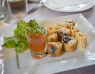 Spring rolls, deep fried with sweet source