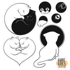 Set of cute cats with different emotions. Stock vector illustration. Outline hand drawing.