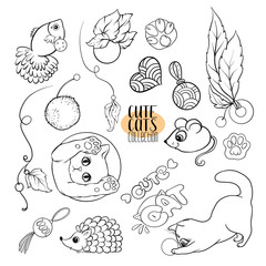 Set of cute cats with different emotions. Stock vector illustration. Outline hand drawing.