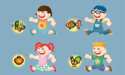 Chinese Mid Autumn Festival design with modern costume's kids playing lanterns.  Isolated.