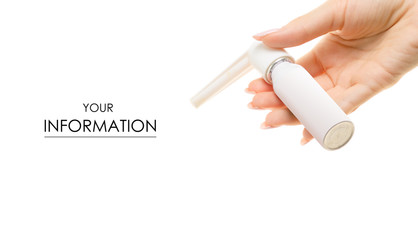 Spray for throat in hands medicine health pattern on white background isolation