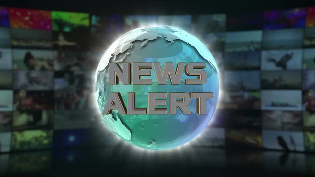 News Alert On Screen 3D Animated Text Graphics Over Spinning Animated Glass Globe News Broadcast Graphic Title Animation Seamless Looping Motion Background Video Backdrop Green Turquoise
