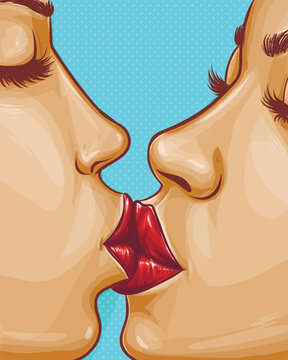 Vector pop art sexy women kissing each other, lesbian love. Faces with red lips, closed eyes isolated on blue background. Homosexual relationship, sensual cartoon characters for ad poster, banner.