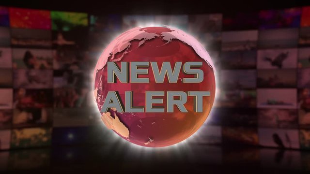 News Alert On Screen 3D Animated Text Graphics Over Spinning Animated Glass Globe News Broadcast Graphic Title Animation Seamless Looping Motion Background Video Backdrop Red Maroon
