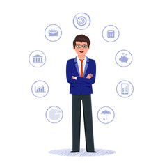 Businessman in blue jacket and stylish glasses stands arms across surrounded by hand written ballpoint pen style finance icons. Vector illustration colorful isolated on white background