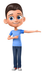 Happy boy in a striped T-shirt points to an empty hand. 3d render illustration.
