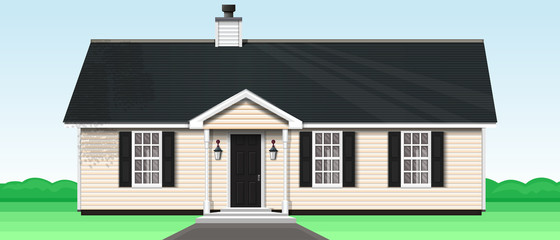 Countryside private house on the nature. One-storey wooden house with a trumpet and three windows. Vector illustration