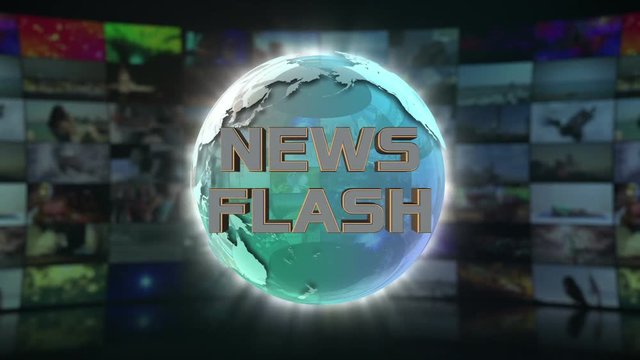 News Flash On Screen 3D Animated Text Graphics Over Spinning Animated Glass Globe News Broadcast Graphic Title Animation Seamless Looping Motion Background Video Backdrop Green Turquoise