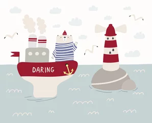  Hand getekende vectorillustratie van een leuke grappige matroos Beer zeilen op een schip, vuurtoren, meeuwen, wolken. Scandinavische stijl plat ontwerp. Concept voor kinderen, kinderkamer print. © Maria Skrigan