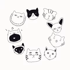 Zelfklevend Fotobehang Set of cute funny black and white doodles of different cats faces. Round frame with copy space. Isolated objects. Hand drawn vector illustration. Line drawing. Design concept for poster, t-shirt print © Maria Skrigan