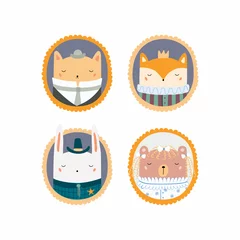  Set of hand drawn cute funny portraits in frames of animals, king, sheriff, Victorian gentleman, lady. Vector illustration. Isolated objects. Scandinavian style flat design. Concept for children print © Maria Skrigan