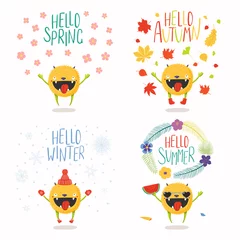  Set of hand drawn vector illustrations of a cute little monster in summer, autumn, winter, spring, with text. Isolated objects on white background. Flat style design. Concept seasons change, children. © Maria Skrigan