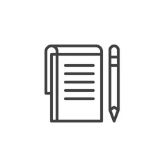 Notes paper and pen outline icon. linear style sign for mobile concept and web design. Writing pad and pen simple line vector icon. Symbol, logo illustration. Pixel perfect vector graphics