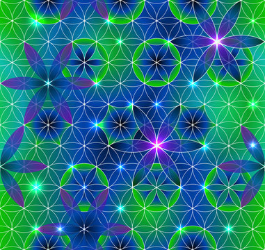 Flower of Life. Sacred geometry. Seamless pattern. Green and purple.