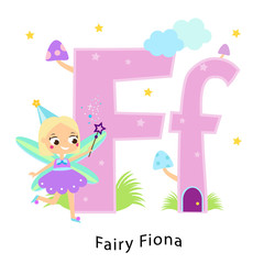 Kids alphabet. English letters with cartoon children characters. F for Fairy Fiona girl in fantasy cute fairy tale costume