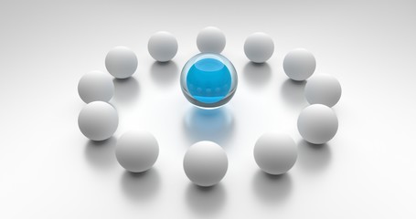 Teamwork. Graue Kugeln versammeln sich im Kreis. Im Mittelpunkt des Treffens steht eine blaue Kugel als Teamleiter.