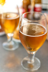 Beer glasses with plates to eat