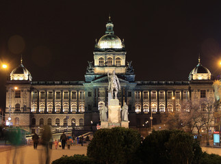 Fototapeta na wymiar National museum and statue of St.Wenceslas at night, Prague, Czech Republic