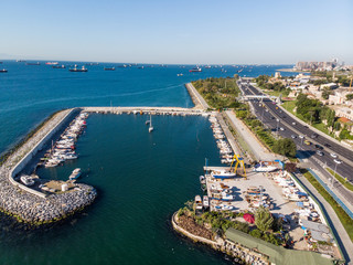 Aerial Drone View of Marina Pier in Yenikapi Bakirkoy / Istanbul Seaside in Turkey
