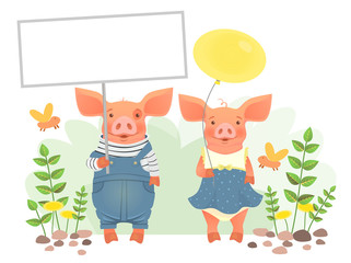 two pigs holding sign and balloon