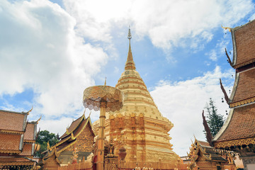 Fototapeta premium The golden pagoda at Wat Phra That Doi Suthep chiangmai Thailand, tourist attraction of Chiang Mai, Thailand.