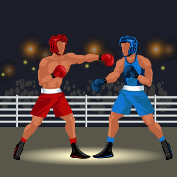 Boxing Match In Ring Flat Poster. Professional Boxers In Sportswear And Equipment Having Battle Spectacle Event Vector Illustration.