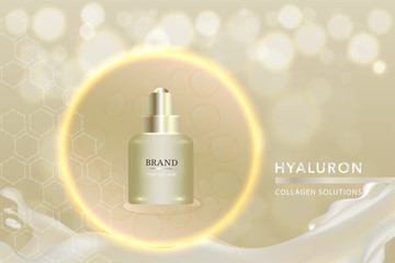 Beauty product, gold cosmetic container with advertising background ready to use, luxury skin care ad, vector illustration.