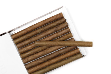 Cigarillos, cigars without filter in box isolated on white background, top view