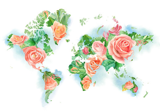 Watercolor illustration of world map in flowers. Template for DIY projects, wedding invitations, greeting cards, logos, posters, blogs, website