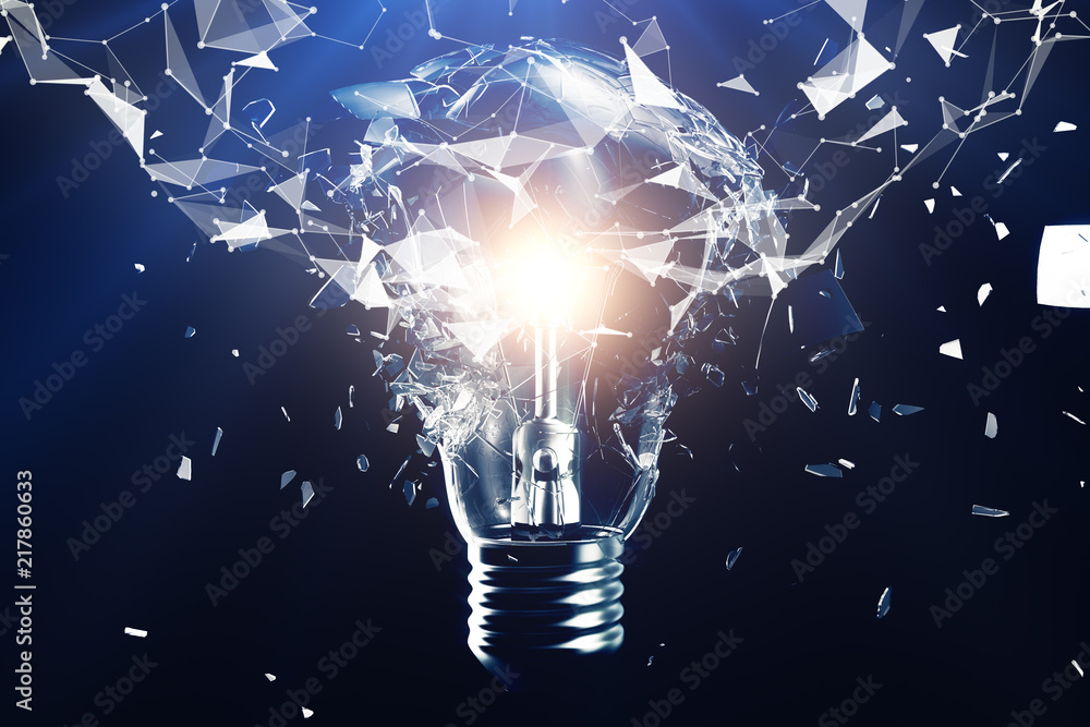 Poster 3d illustration exploding light bulb on a blue background, concept creative thinking and innovative 