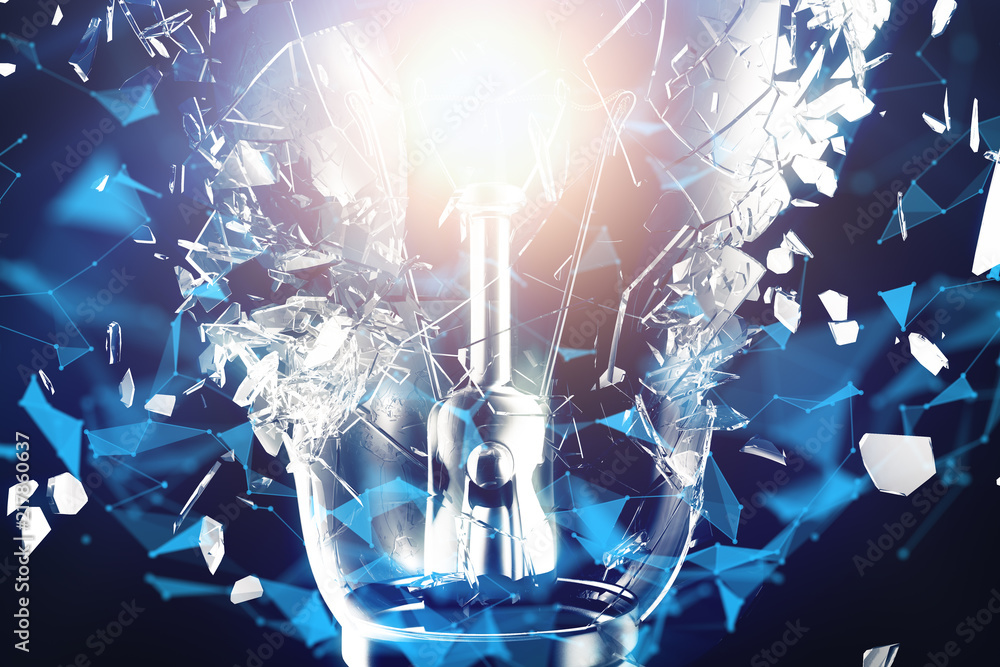 Aufkleber 3d illustration exploding light bulb on a blue background, concept creative thinking and innovative 